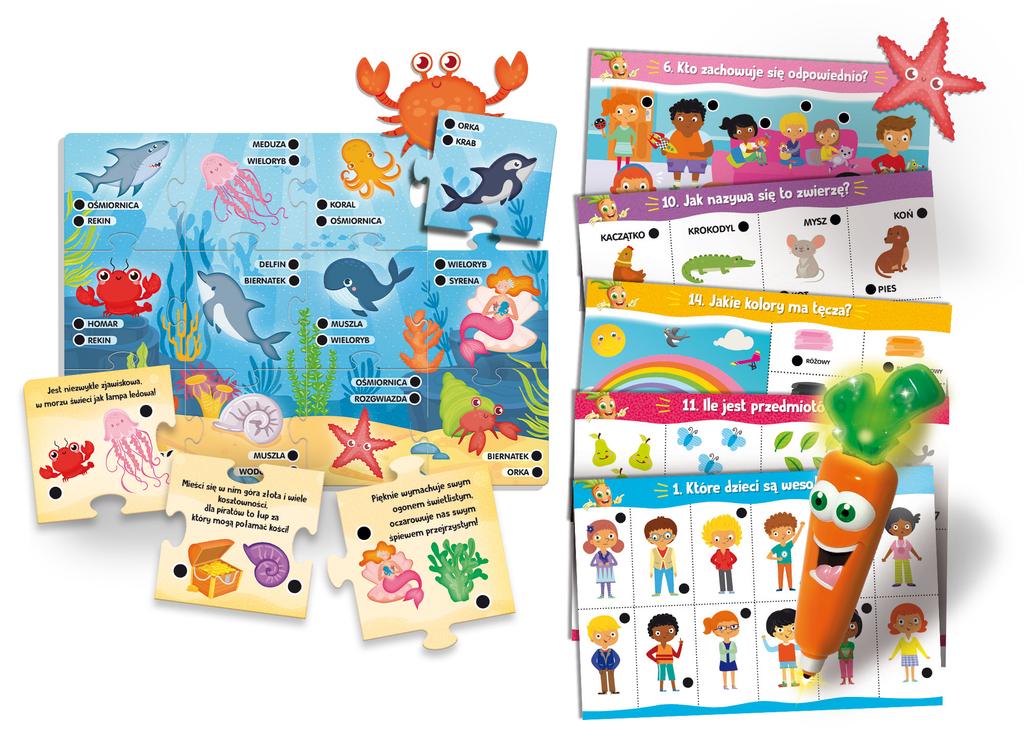 Lisciani carotina baw się i ucz zawiera 8 interaktywnych kart oraz puzzle