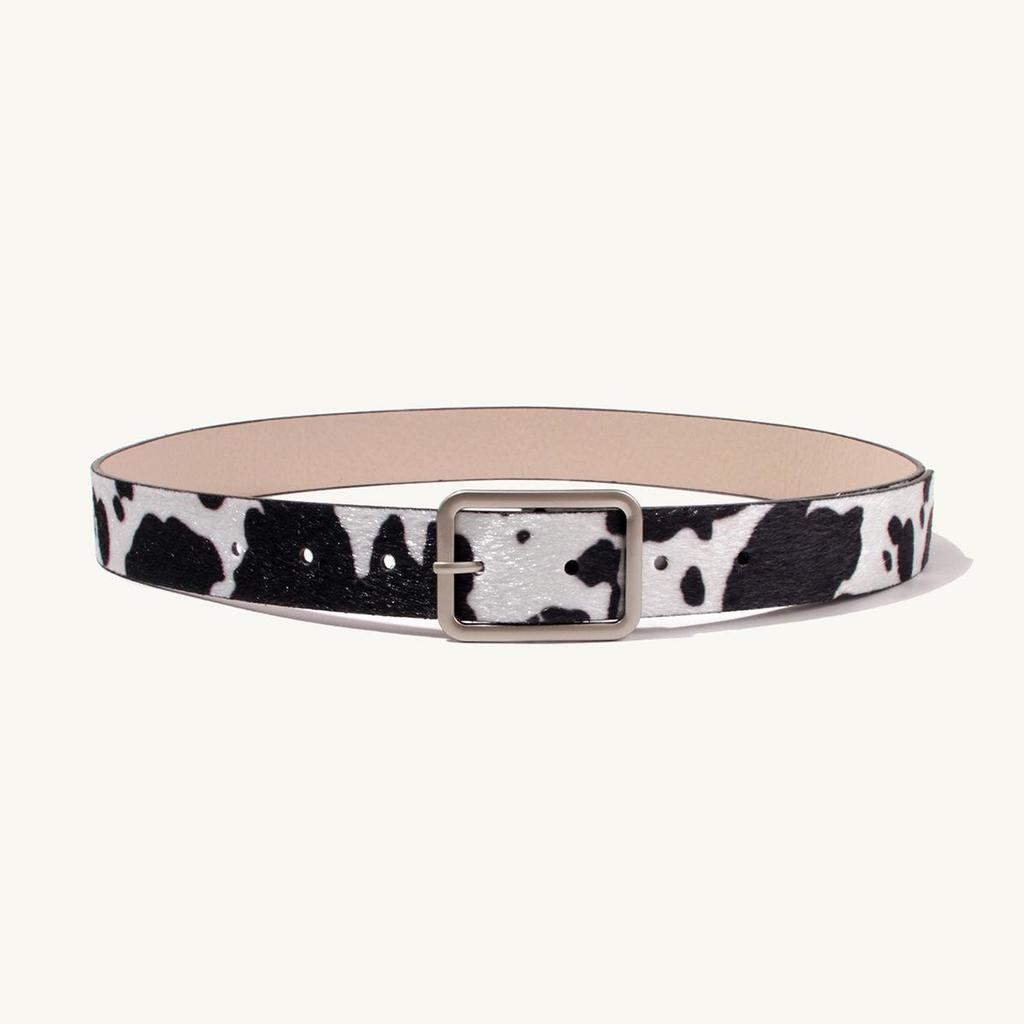 Black & White Cow Print Pony Hair Women's PU Waist Belt with New Date Buckle