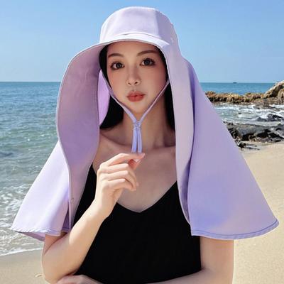 Wide-Brimmed Shawl Fisherman Hat Sunscreen Full Face Sun Protection Mask Hat Solid Color Breathable Neck Protection Cap Outdoor