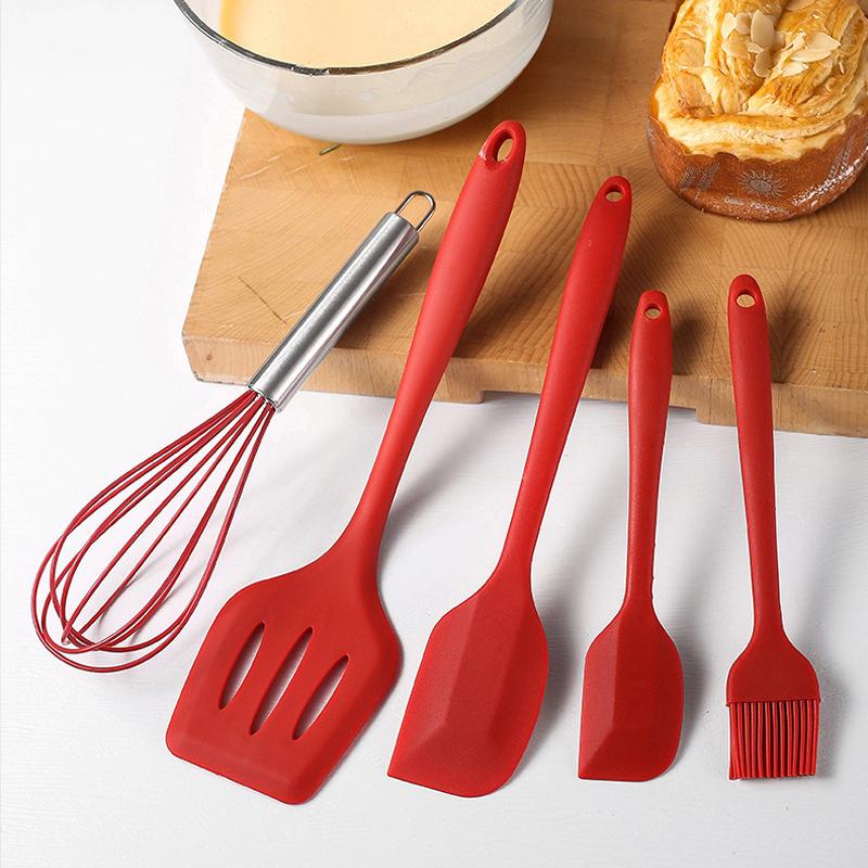5Pcs Silicone Kitchen Cooking Utensils Set Non-Stick Flexible Kitchen Tools With Cake Spatula Whisk Oil Brush And Cooking Shovel