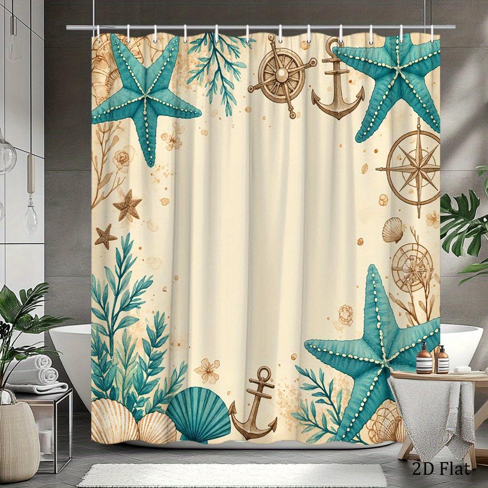 Nautical Shower Curtain Starfish Anchor Compass Print Beige Bath Curtain With 12 Hooks For Beach Bathroom Decor
