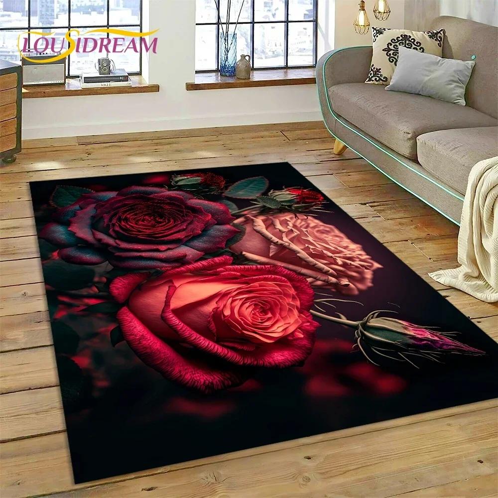 Rose Flowers Nordic Love Romantic Carpet Rug for Bedroom Living Room Home Sofa Decoration,Children Game Large Decor Floor Mat