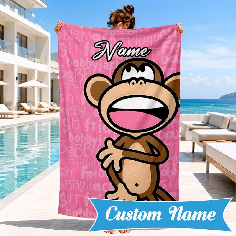 Custom Name Monkey Art Bobby Heart In Space Adventure Microfiber Beach Towel, Lightweight for Summer Travel, Swimming Pool Fan Gift