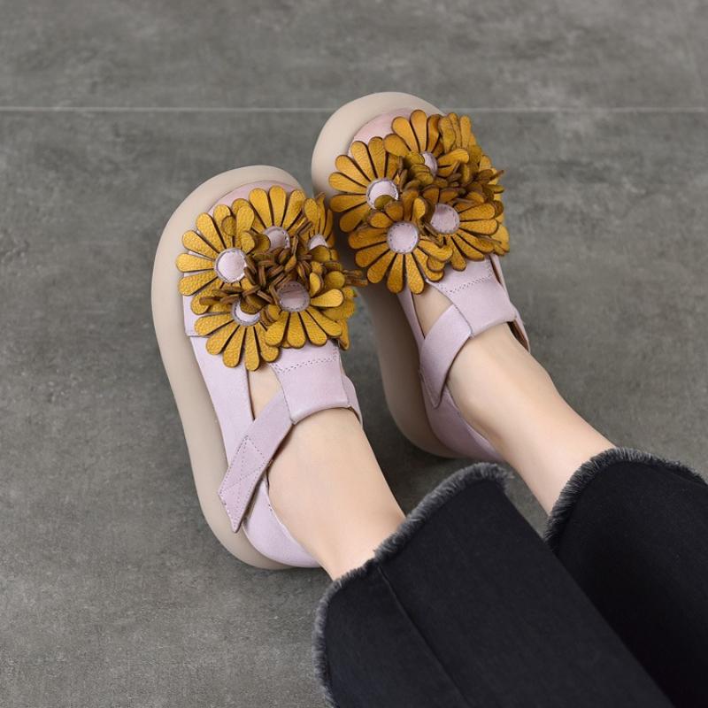 Johnature Ethnic Style Flower Thick Soled Sandals Genuine Leather Versatile Women's Platform Shoes