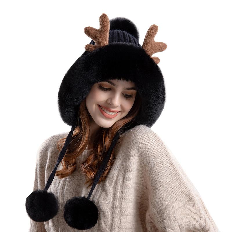 New Antler Knitted Woolen Hat Plush Ear Protection Head Hat Korean Version Three Hairy Ball Thick Warm Hat Women