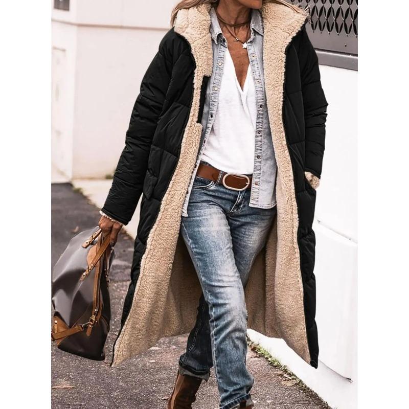 Winter Kapuzen-Steppjacke für Damen Einfarbig Wendbar Langärmlig Dicke Jacke Warm Modisch Langer Oberbekleidung Lässige Pufferjacken