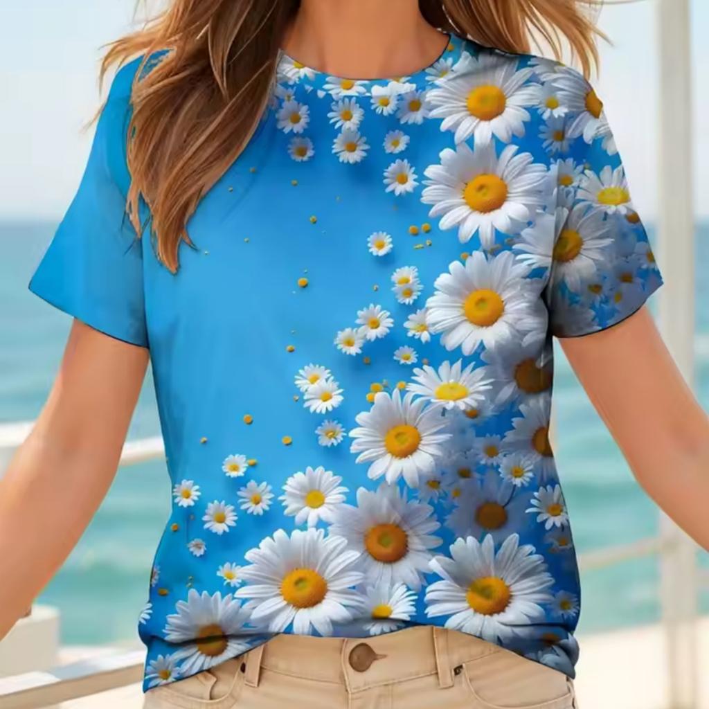 T-shirt da Donna Estiva con Stampa 3D Girocollo Moda Versatile Traspirante Tendenza Casual