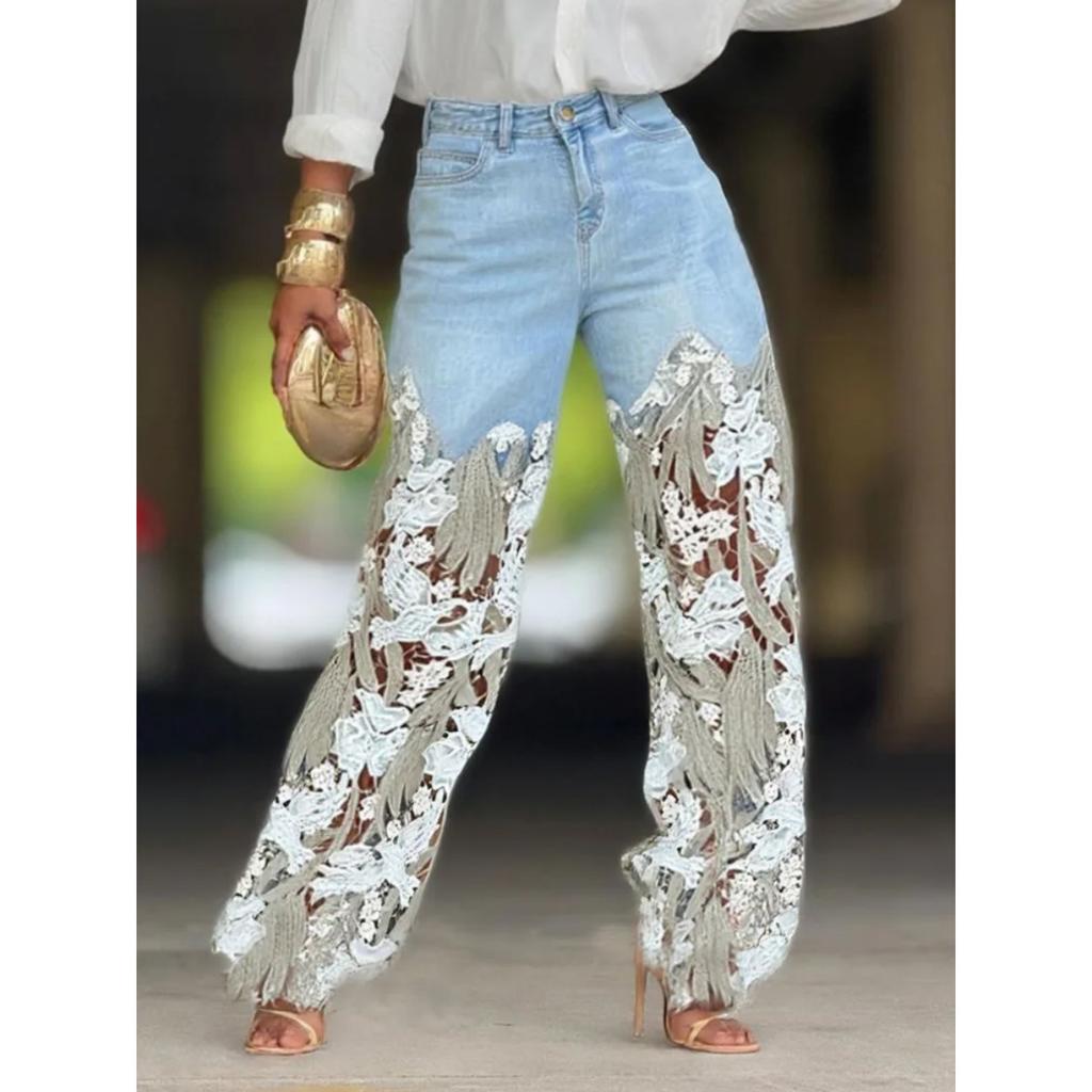 VIONA European and American Style Loose Hollow Splicing Irregular Lace Straight Leg Jeans for Women