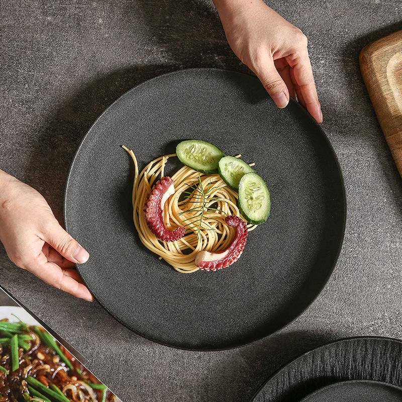 Black And White Frosted Japanese Western Steak Salad Plate Western Pasta Main Dish Plate Household High Quality Plate