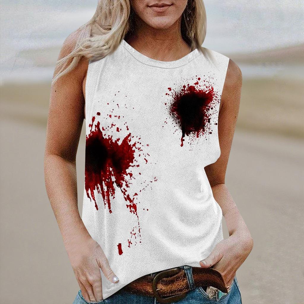 Women's Round Neck Casual Sleeveless Halloween Printed Vest T-Shirt Top