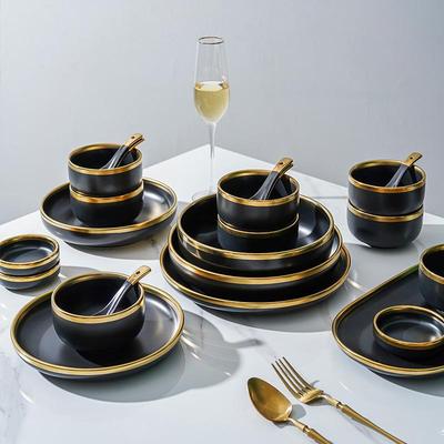 Nordic Gold Rim Luxury Dinnerware Set: Matte Ceramic Bowls & Plates, European Style Household Gift.