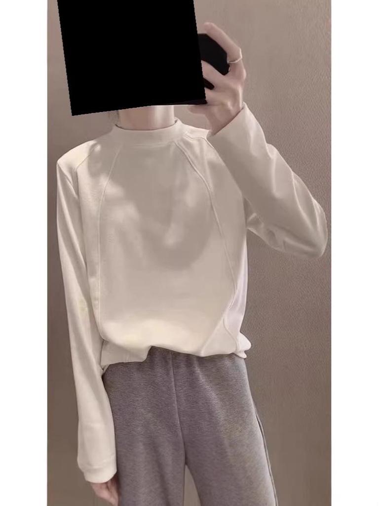 Women's Fleece Brushed Long-Sleeve Base Layer Shirt, Autumn/Winter Korean Style, Loose Half-High Collar Top