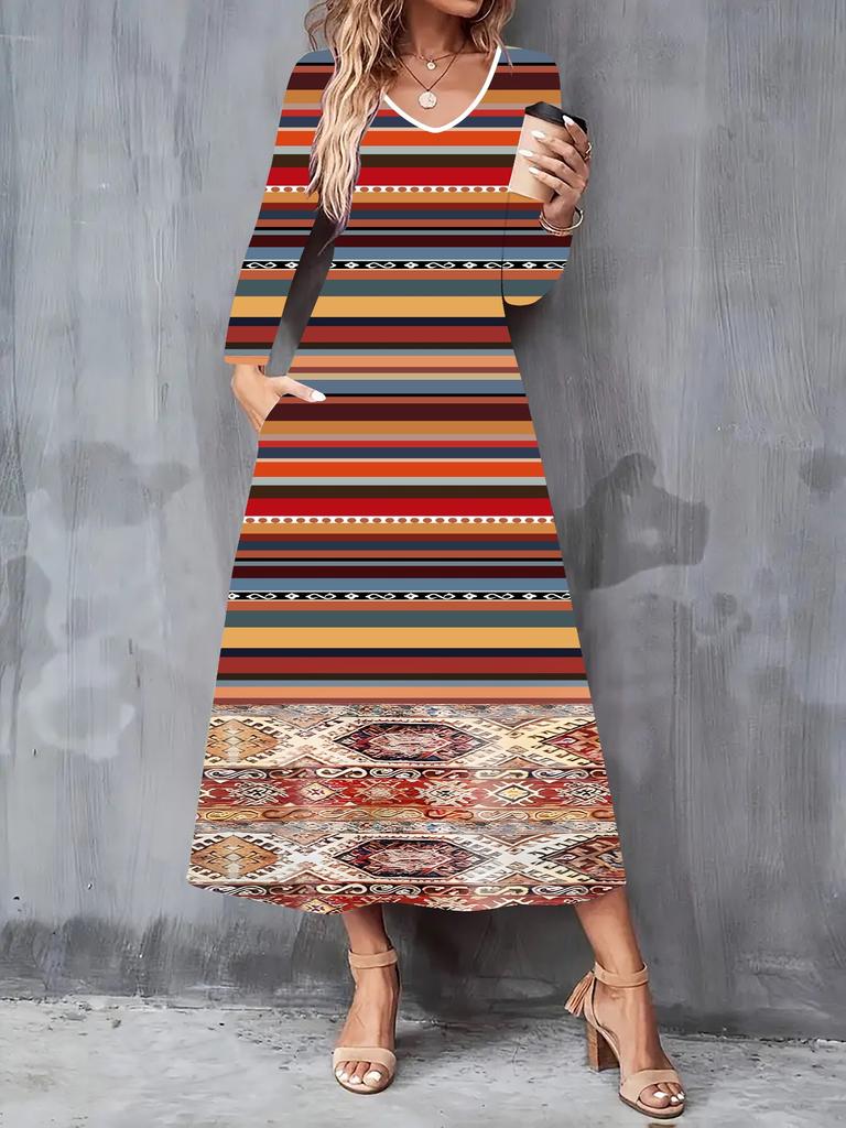 2025 Autumn and Winter New Women Casual Fashion Dress 3D Retro Totem Print  Long Sleeve V-Neck A-Line Dresses