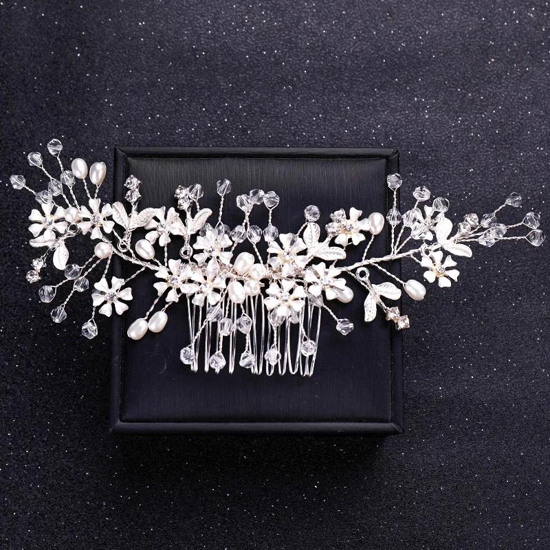 Handmade Silver Crystal Flower Hair Comb Pearl Rhinestone Flower Hair Combs for Women Bride Hair Jewelry Wedding Hair Accessorie