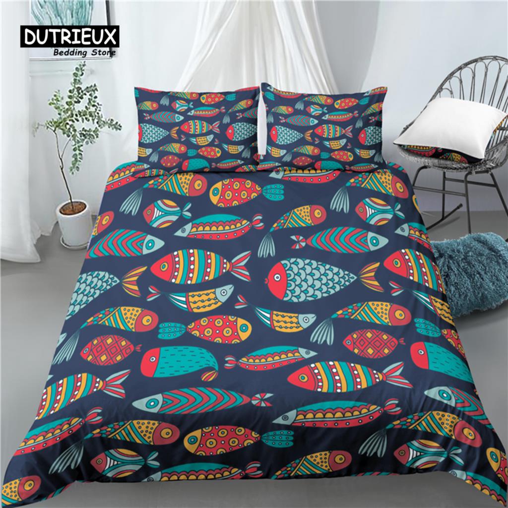 

Luxury 3D Color Fish Print Home Living 2/3Pcs Comfortable Duvet Cover PillowCase Kids Bedding Set Queen and King EU/US/AU Size EU single(135x200cm)