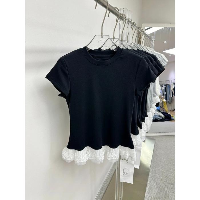 Lace lace ballet white short-sleeved t-shirt women s 2026 summer new inner slim and thin bottoming top S