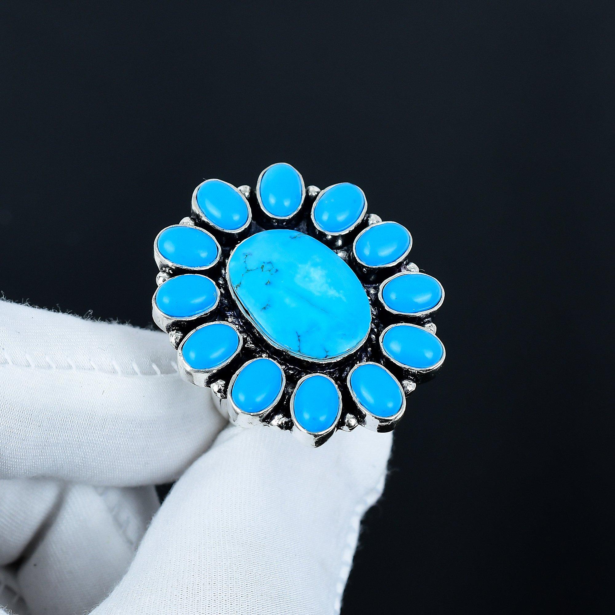 

Кольцо с натуральным спящим камнем бирюзы, кольцо из стерлингового серебра 925 пробы, подарок для нее, овальный камень, элегантное кольцо ручной работы, серебряное кольцо с бирюзовым цветком US 8 синий