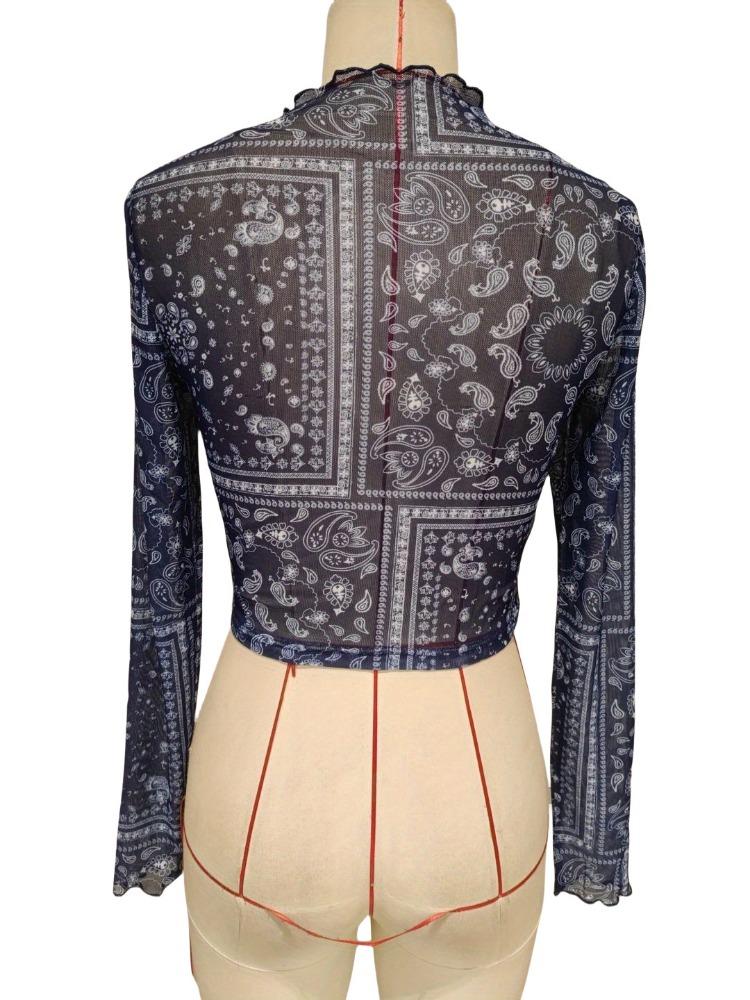 Άνοιξη και Καλοκαίρι Κομψό Γυναικείο Διχτυωτό Μπλουζάκι με Στάμπα Όρθιος Γιακάς Μακρυμάνικο Κοντό Μήκος Τοπ για Γυναίκες Ευέλικτο Μοντέρνο Πουκάμισο