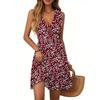 Women's Dress V-neck Sleeveless Casual Floral Print Hem Pleated Dress