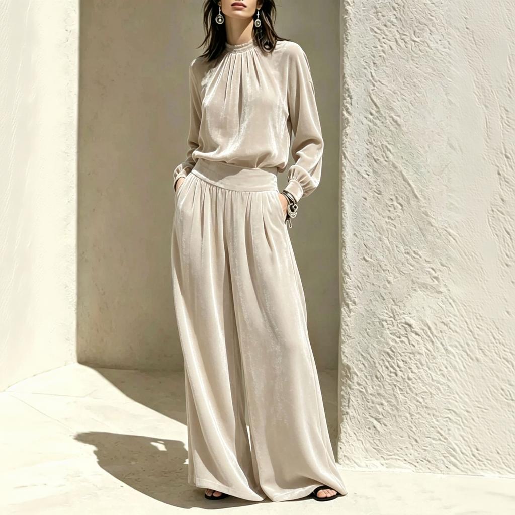 Women's Casual Velour Two Piece Outfit with Pleated Top and Wide Leg Pants