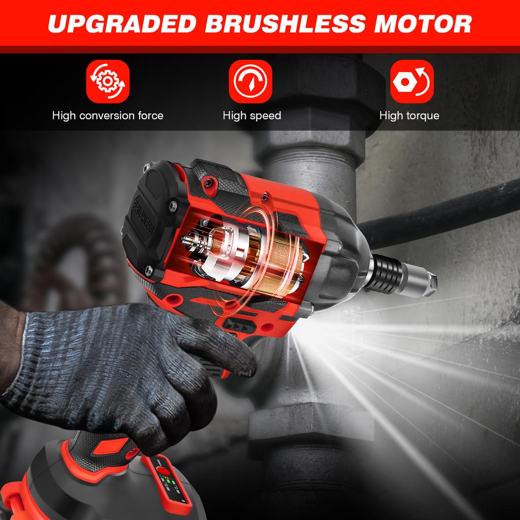 DayPlus 2 IN 1 Cordless Impact Wrench,1/2" Driver Brushless Power Impact Gun,2500RPM Electric Wrench, Max Torque 1500Nm+Battery