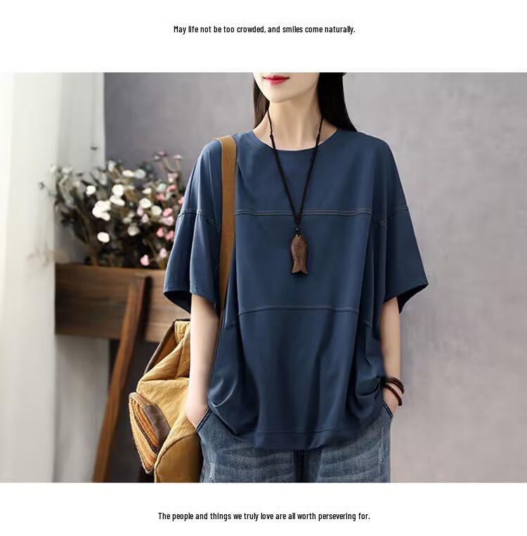 Women's Spring Summer Stripe Patchwork Short-Sleeve Retro T-shirt - Loose Fit, Plus Size Available