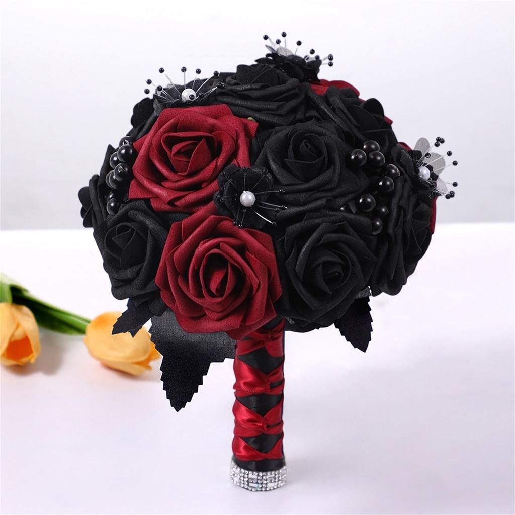 Black Rose Bouquet Dark Romance Artificial Flower Arrangement for Gothic Wedding Halloween Bridal Decorations