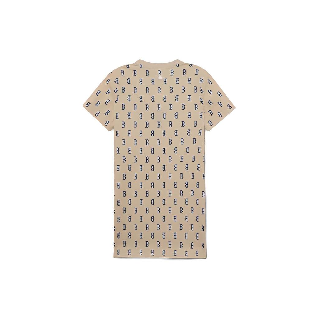 MLB Boston Red Sox Vintage All Over Print Crew Neck Casual Short Sleeve Dress Women Dresses Khaki 3FOPM0133-43BGL