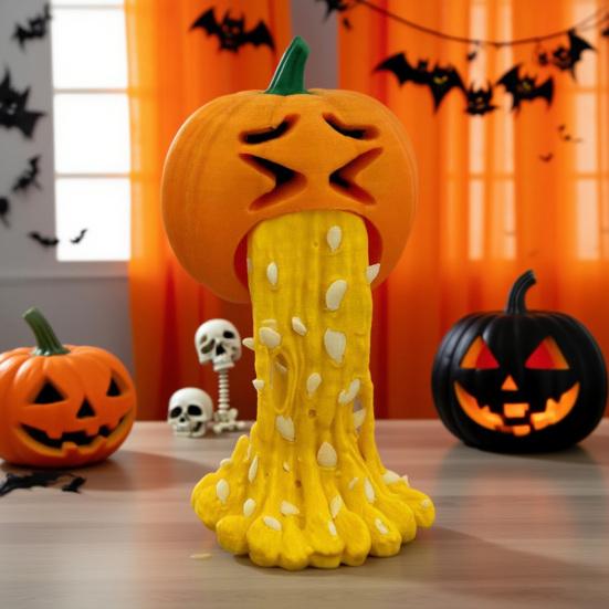 Halloween Puke Pumpkin Figurine Hilarious 3D Printed Vomiting Pumpkin Statue for Halloween Tabletop Bookshelf Decor