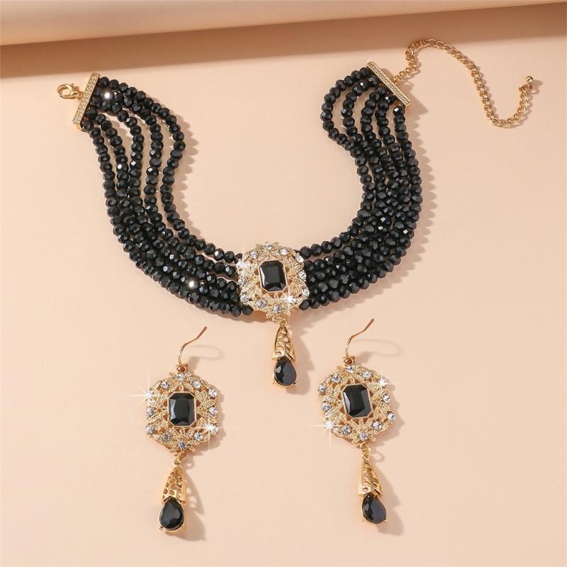 Stylish Layer Rhinestones Waterfall Necklace With Matching Earrings Jewelry Set