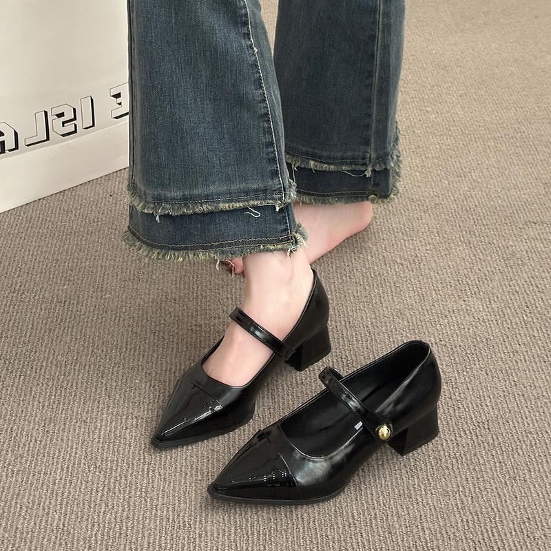 Designer Thick Heel Women Mary Jane Shoes Fashion Shallow Pointed Toe Shoes 2026 Spring Party Dress Prom Female Leather Pumps
