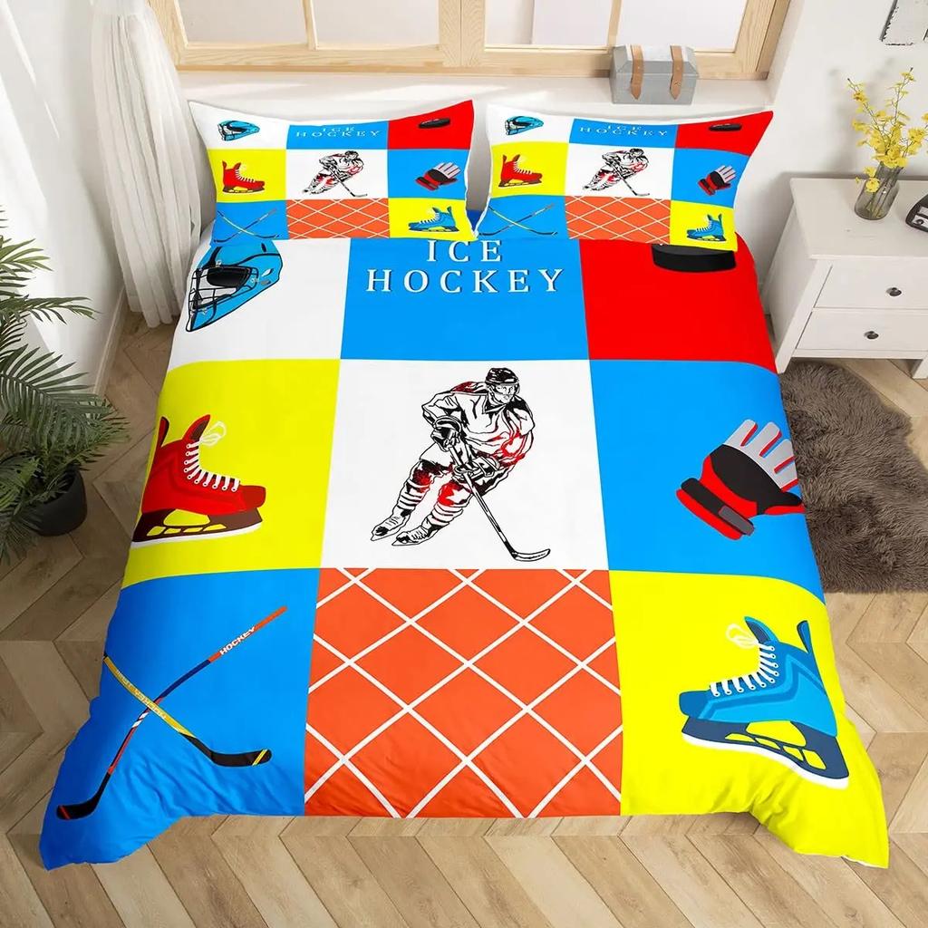 Hockey Duvet Cover Set 2/3pcs Hockey Sports Comforter Cover Polyester Hockey Puck Ball King Queen Size Quilt Cover For Boys
