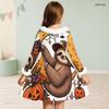 Girls Furry Trim High Neck Long Sleeve A Line Flared Hem Ghost Pumpkin Floral Printed Dress