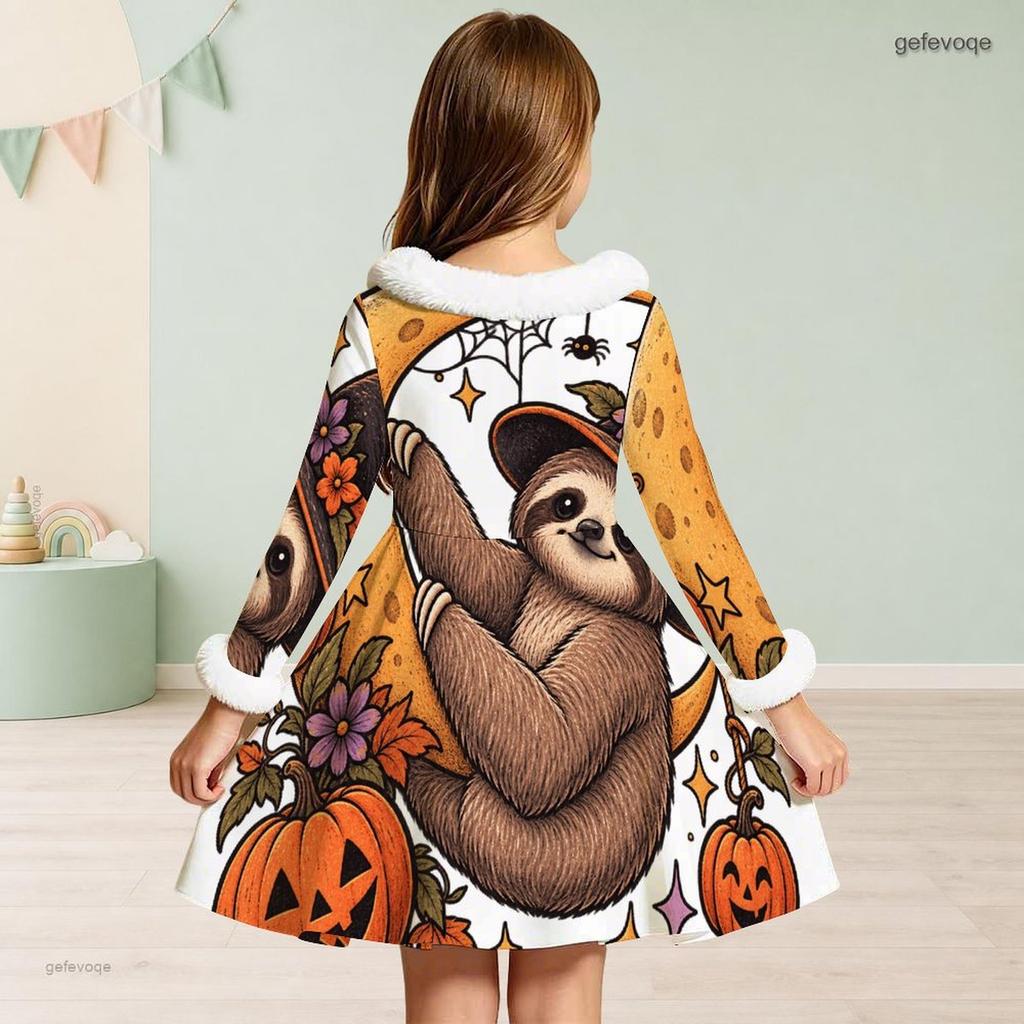 Girls Furry Trim High Neck Long Sleeve A Line Flared Hem Ghost Pumpkin Floral Printed Dress