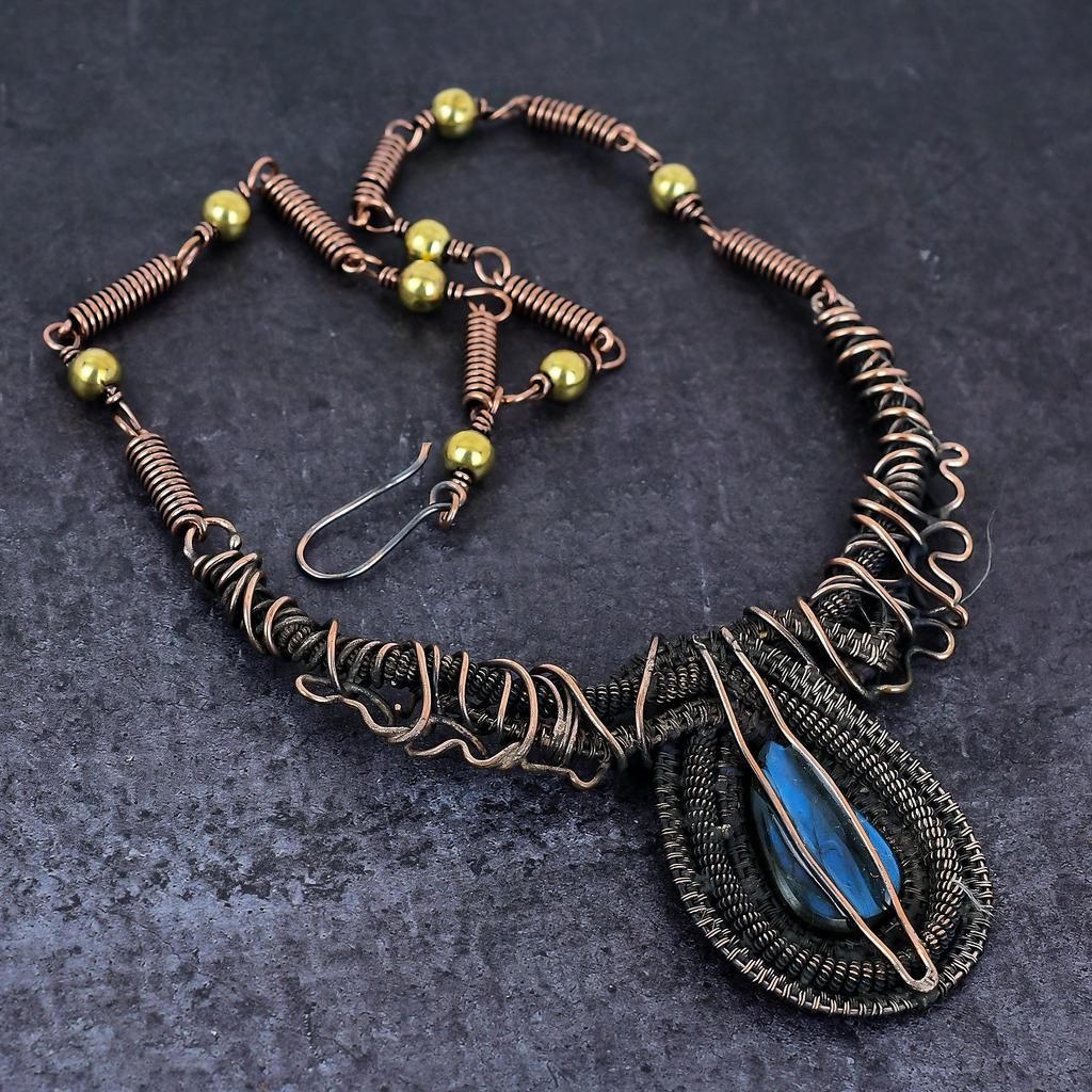 Labradorite Gemstone Handmade Copper Wire Wrap Jewelry Necklace 18" J8L36
