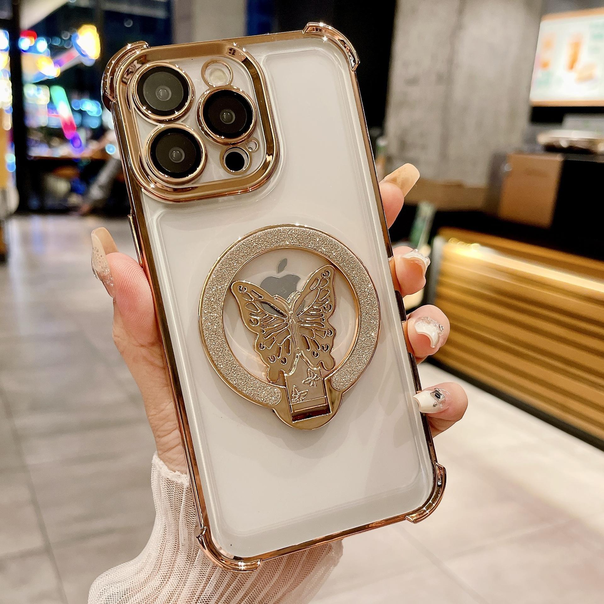 

Подходит для iPhone16 Магнитный чехол для телефона с присоской Блестящая пудра Подставка-бабочка 14 Apple 15 Promax Подушка безопасности Защита от падений iPhone XSmax