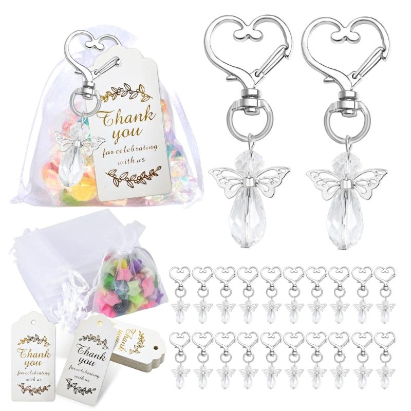 30Pcs Angel Wing Charm Keychain Decorative Key Holder with Drawstring Gauze Bag and Labels for Baby Showers Wedding