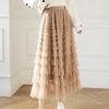 Herbst Mesh Puffy Kuchen Langes Kleid Elegant Vintage Elastischer Bund Hoher Bund Ballkleid Gaze Tüllrock