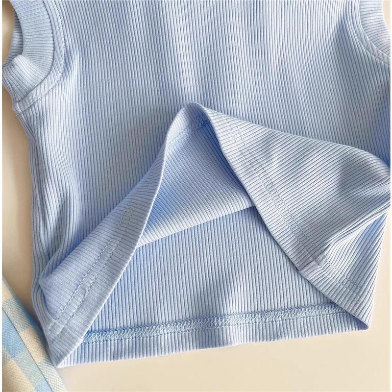 Summer Children's Blue Plaid Suit Sleeveless Top with Bow, Wide-leg Pants, and Crossbody Bag, Three-piece Set