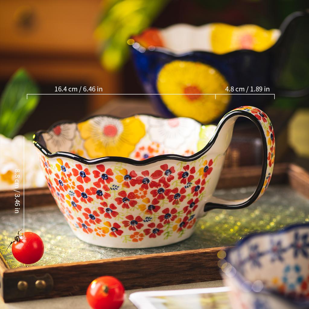 Hand Painted Japanese Handle Bowl New Ceramic Baking Bowl Instant Noodles Bowl Salad Bowl Household Tableware Baking Bowl Househ