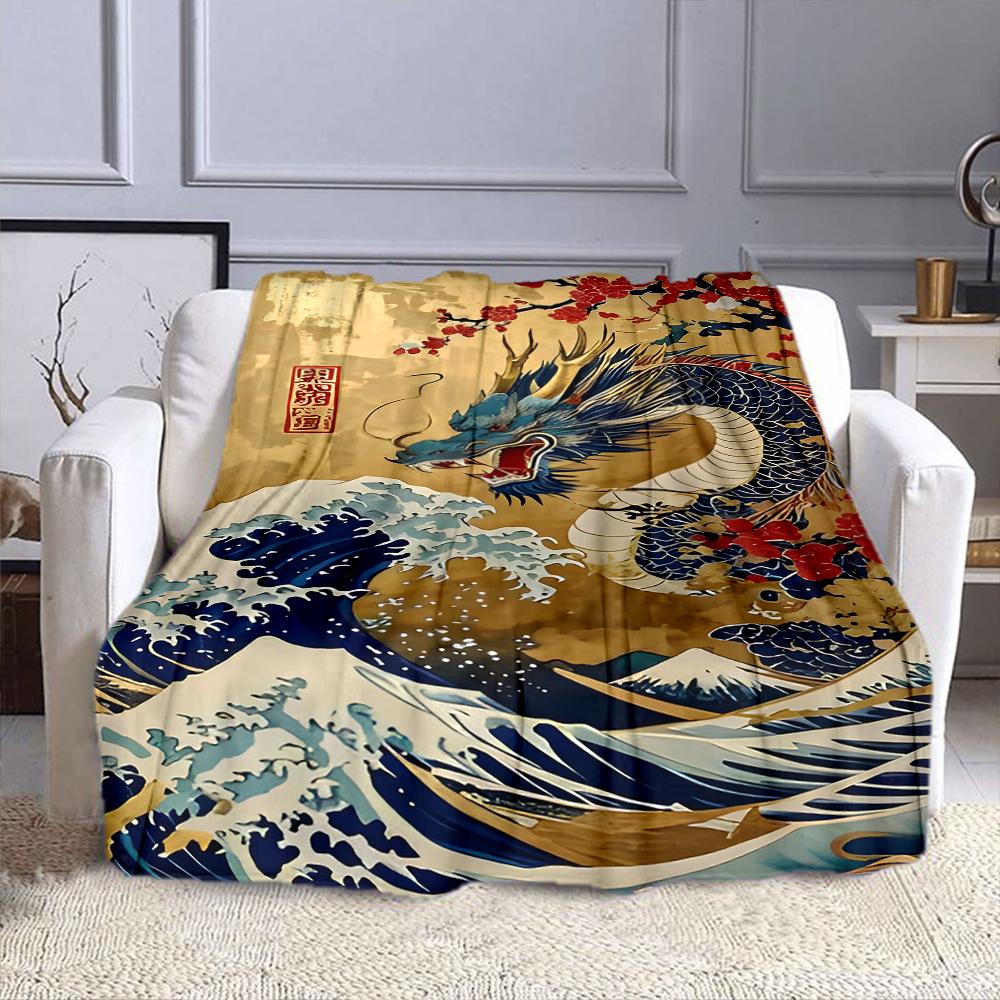 Golden Dragon Amidst Waves and Cherry Blossoms Patterned flannel blanket perfect for the bedroom living room, sofa, or a little nap