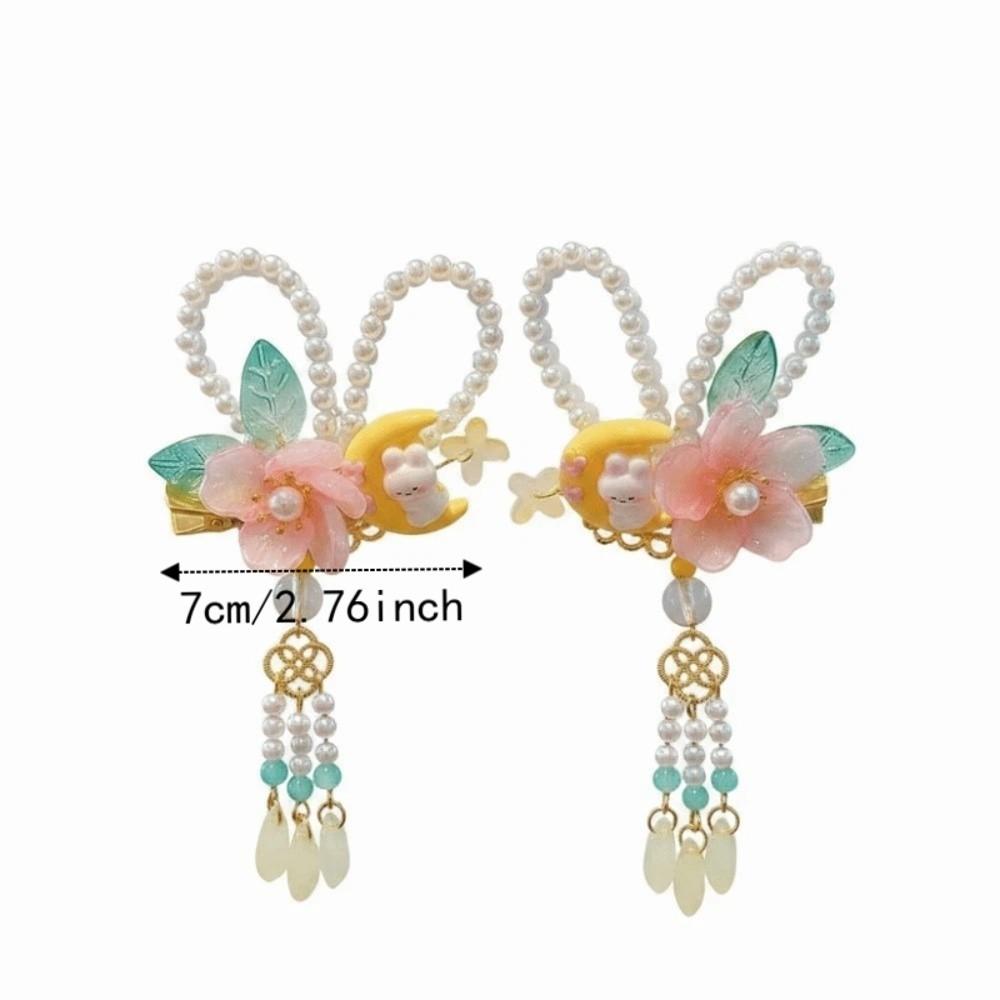 1 Pair Double Clip Hanfu Hair Clips Vibrant Color Floral Tassel Pearl Bunny Hair Clips Secure Grip Delicate Craft Fairy Hairpins
