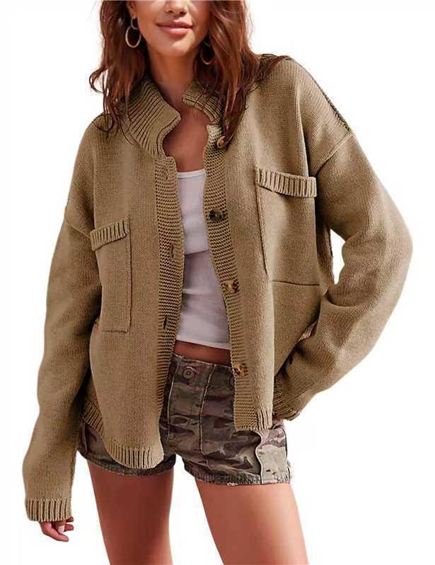 2024 New Women's Stand Collar Cardigan Sweater - Solid Color Knitwear for Autumn/Winter