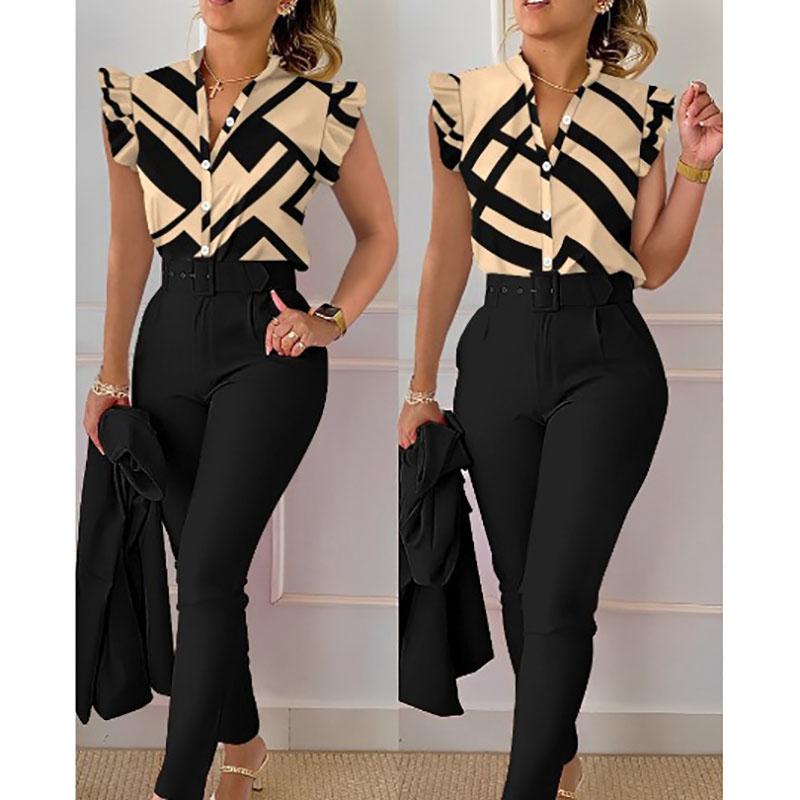 Elegant Women Two Piece Set Suits Fashion Printed Ruffle Sleeve Top Solid Color Pants Set with Belt Blouses Female Clothing