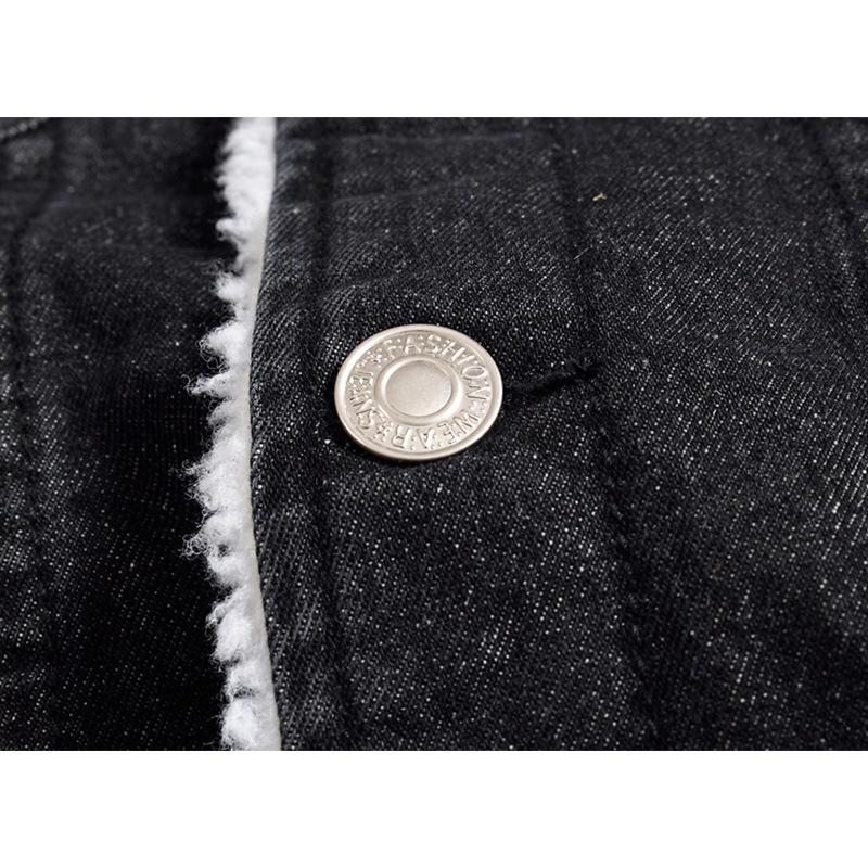Men's Plus Size Black Denim Jacket with Thick Lambswool Lining