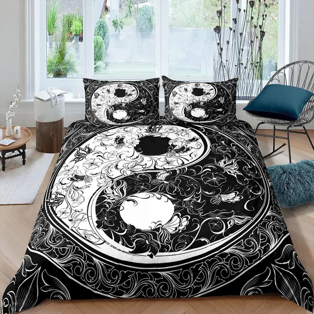 Black And White Duvet Cover Set Bohemian Mandala Bedding Set For Boys Yin And Yang Polyester Comforter Cover King Size