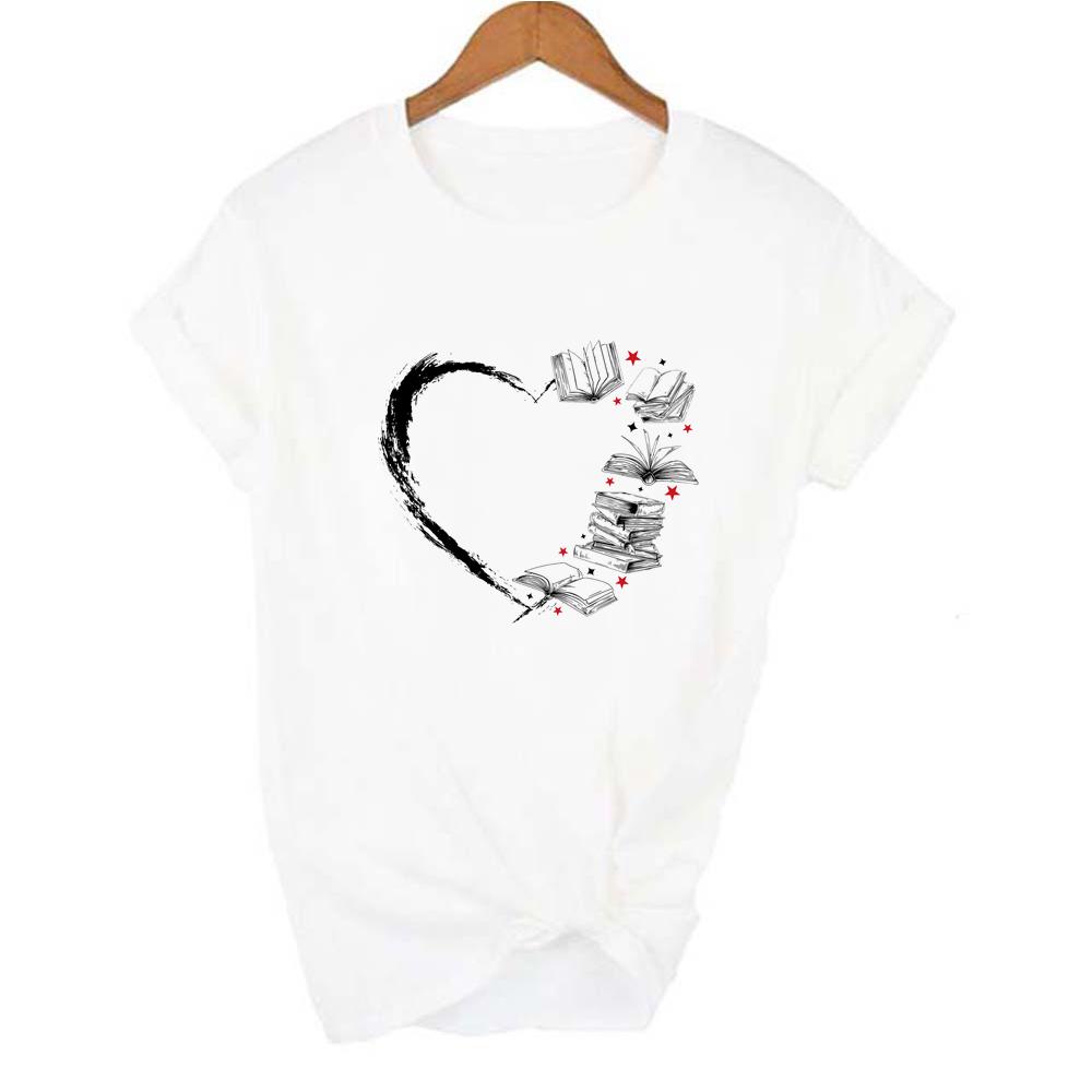 Serce z książkami Print Women Estetyczna koszulka Harajuku School Reading Casual Streetwear z krótkim rękawem T