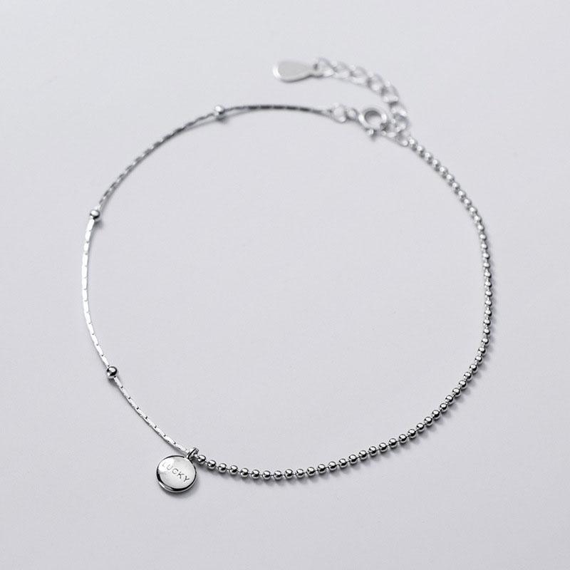 Fashion Simple 925 Sterling Silver Snake Chain Round Lucky Letter Charm Anklet Foot Jewelry for Women Girls