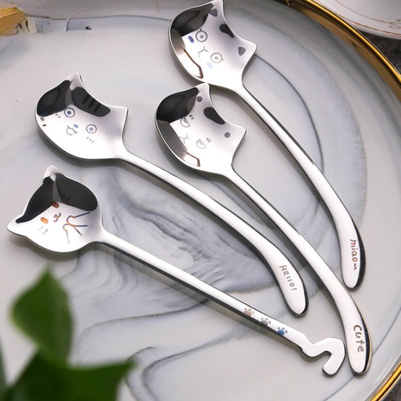 Funny Cat Long Handle Spoon Tea Spoon for Coffee Long Tail Cat Coffee Spoon Birthday Gift 304 Stainless Steel Tableware