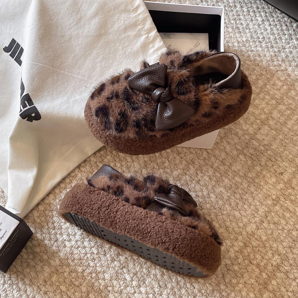 Bow outer wear fluffy cotton shoes women's shoes new autumn and winter fashion flat bottom velvet two wear snow boots